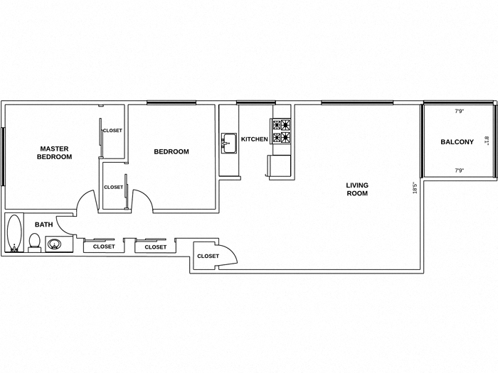 Floor plan for 2 beds, 1 bath, 900 sqft